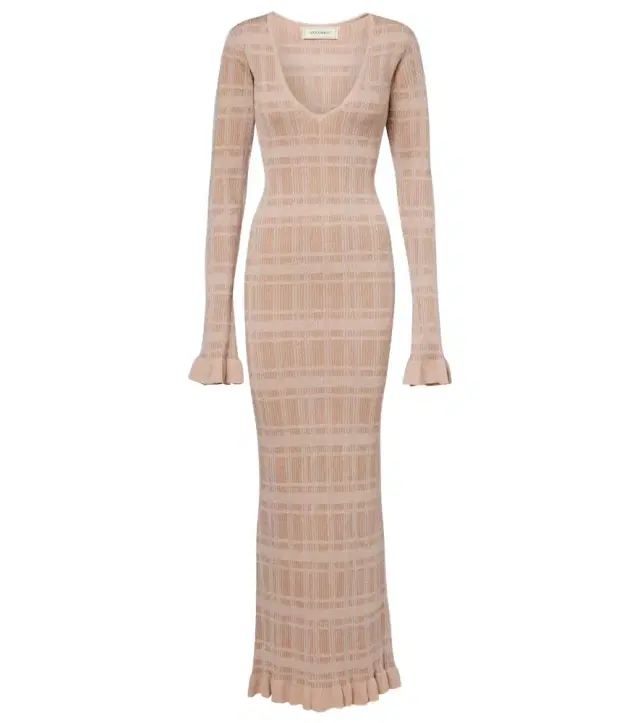 Bananhot Ether checked ribbed-knit ruffled maxi dress