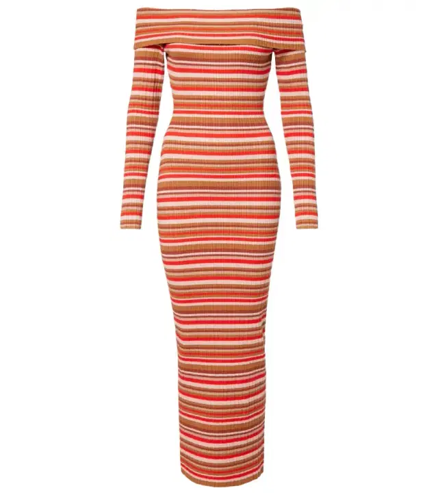 Bananhot Bonnie ribbed-knit striped off-shoulder maxi dress