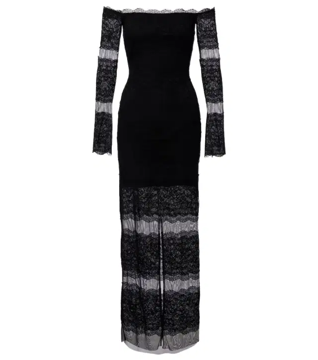 Blumarine Off-shoulder lace tulle maxi dress