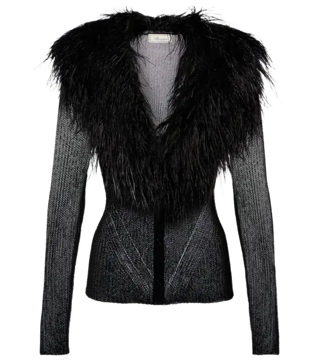 Feather-trimmed ribbed-knit cardigan