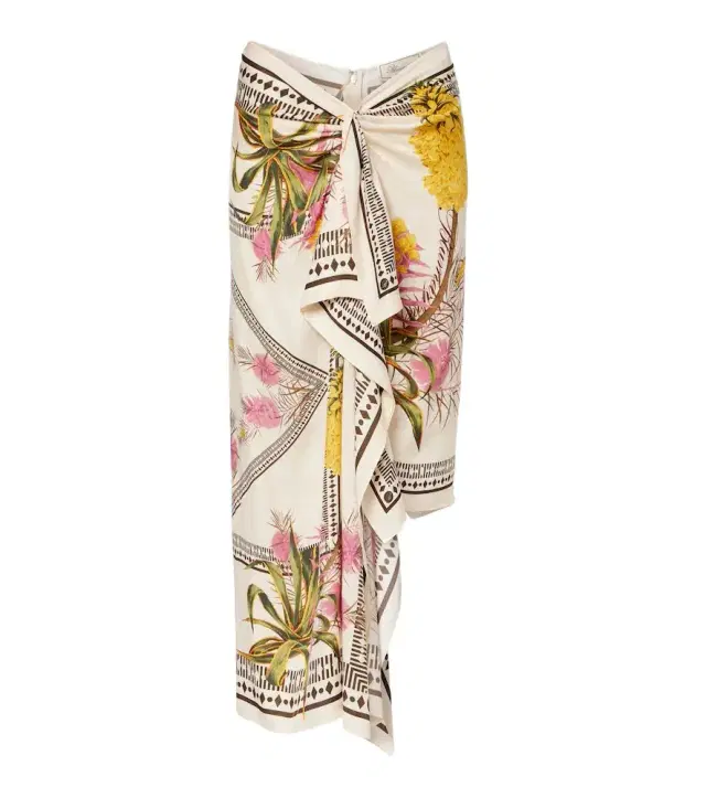 Asymmetric draped printed twill midi skirt