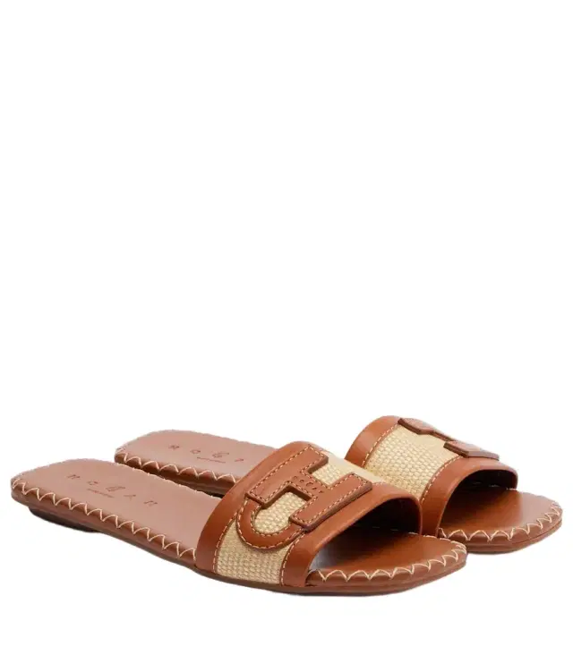 Hogan Leather-trimmed raffia slides