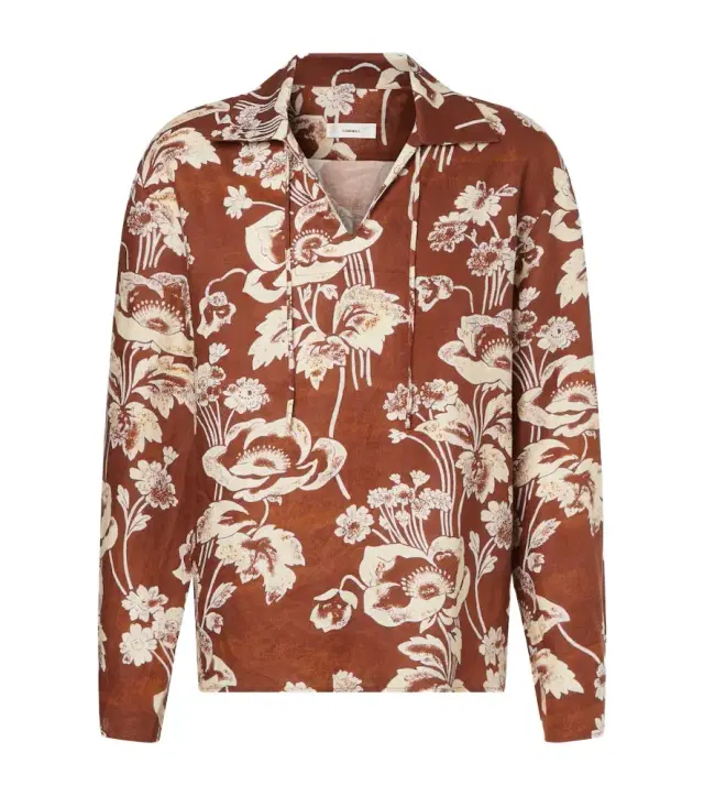 Floral tie-neck linen shirt