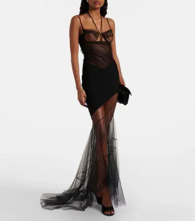 Nensi Dojaka Asymmetric draped sheer maxi dress | Thumbnail 2
