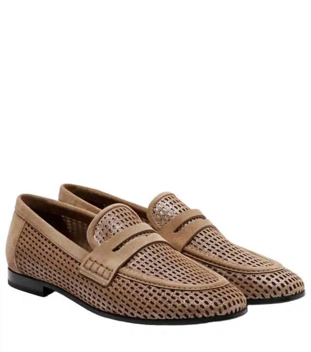 Brunello Cucinelli Perforated suede-trimmed leather penny loafers