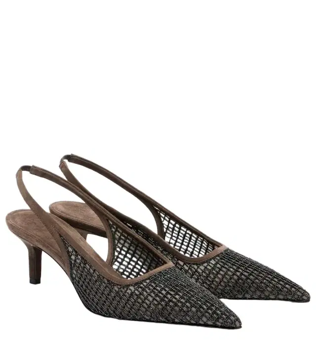 Brunello Cucinelli Monili 55 suede-trimmed slingback pumps