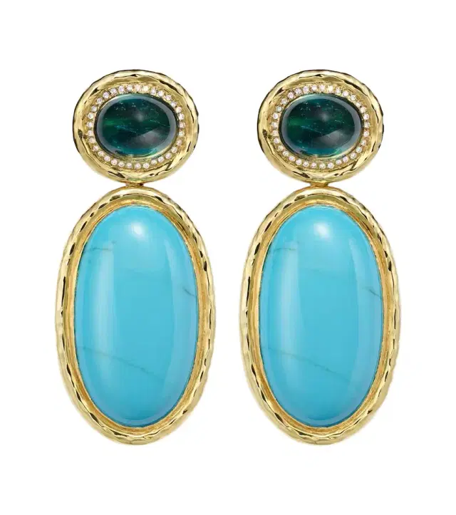 Octavia Elizabeth Bermuda Blue 18kt gold drop earrings with turquoise, tourmaline, and diamonds