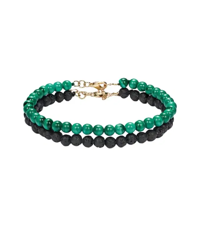 Set of 2 14kt gold beaded bracelets with malachite and lava rock