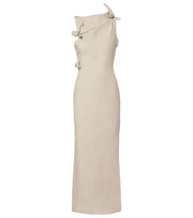 Floral-appliqué asymmetric linen maxi dress