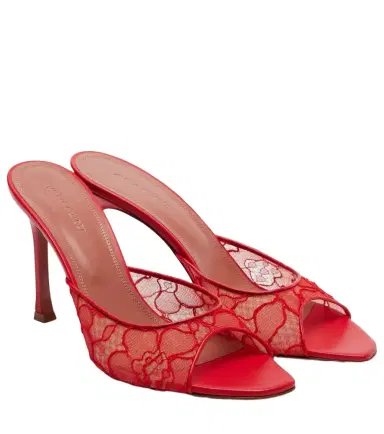 Amina Muaddi Alexa leather-trimmed lace mules | Thumbnail 1