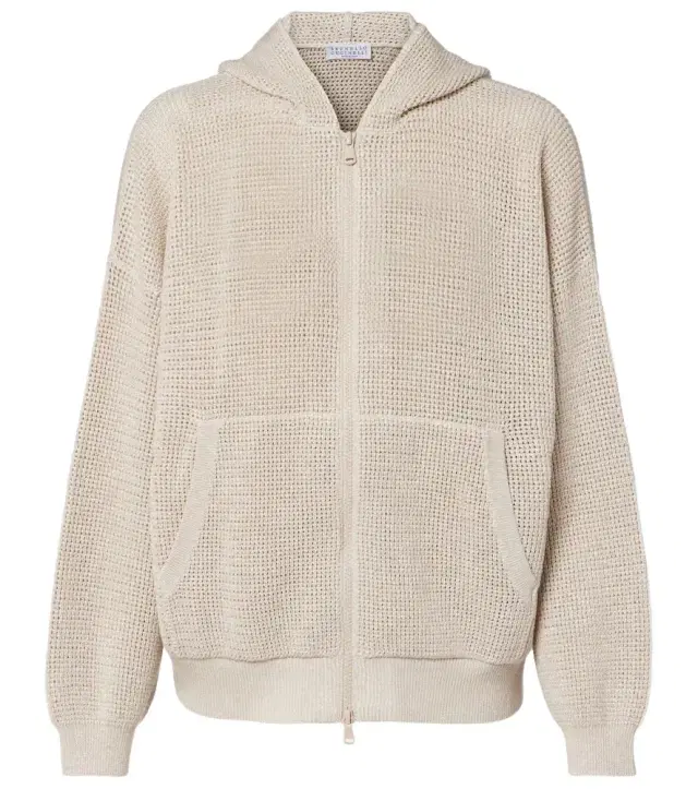 Open-knit cotton-blend lamé zip-up hoodie