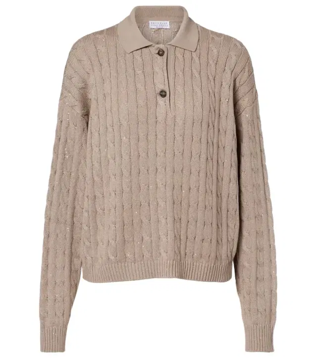 Brunello Cucinelli Cable-knit cotton-blend polo sweater