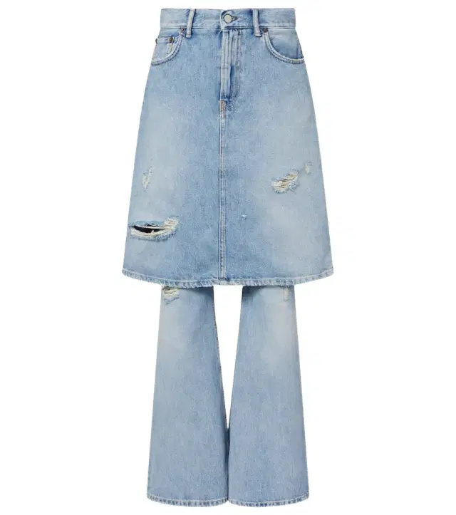 Distressed layered wide-leg jeans