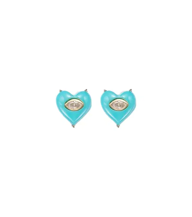 Sydney Evan 14kt gold stud earrings with diamonds and turquoises