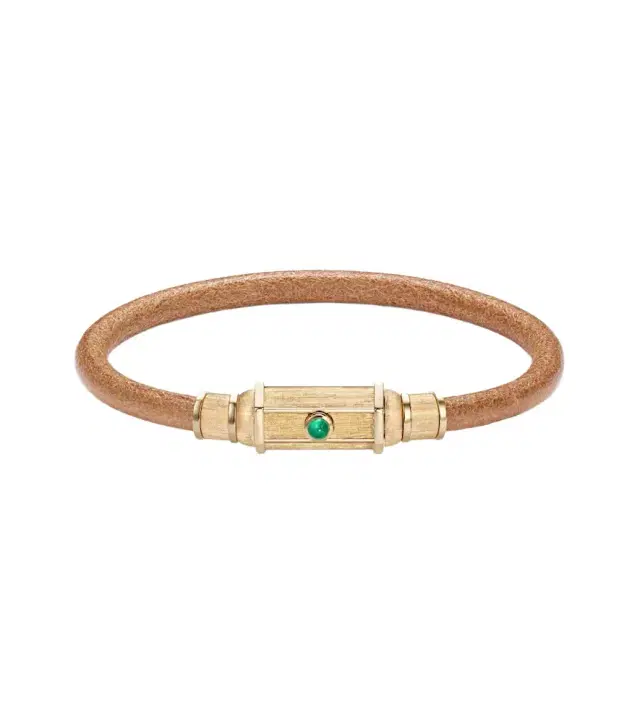 Lasso 18kt gold and leather bracelet with emeralds