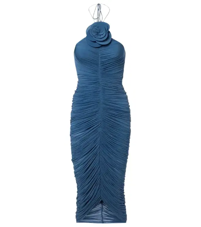 Floral-appliqué ruched midi dress