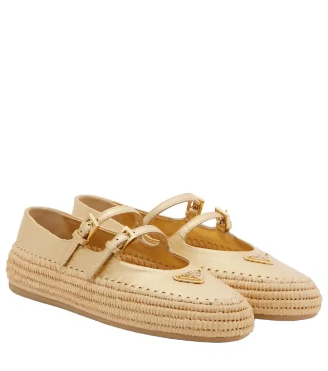 Prada Metallic leather and raffia ballet flats