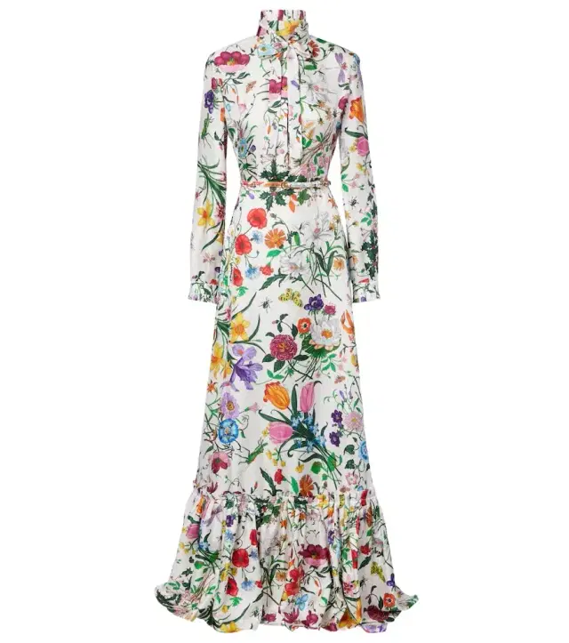 Floral belted silk twill gown