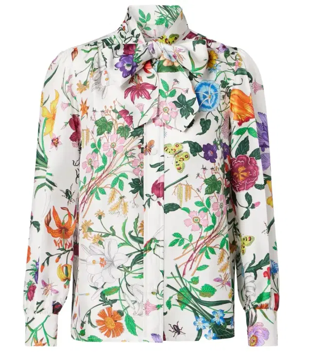 Floral tie-neck silk twill shirt