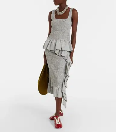 Dries Van Noten Ruffled smocked cotton midi skirt | Thumbnail 3
