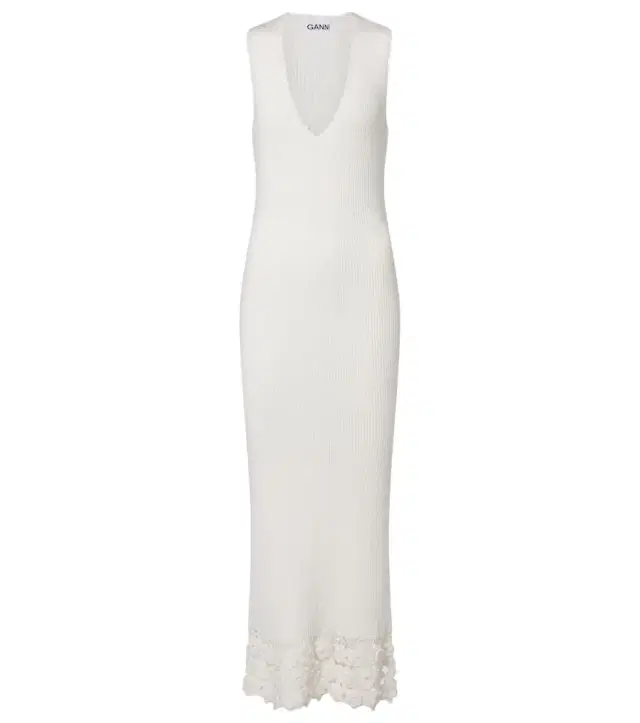 Ganni Crochet-trimmed ribbed cotton-blend midi dress