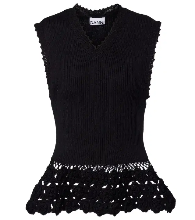 Ganni Crochet-trimmed ribbed cotton-blend top