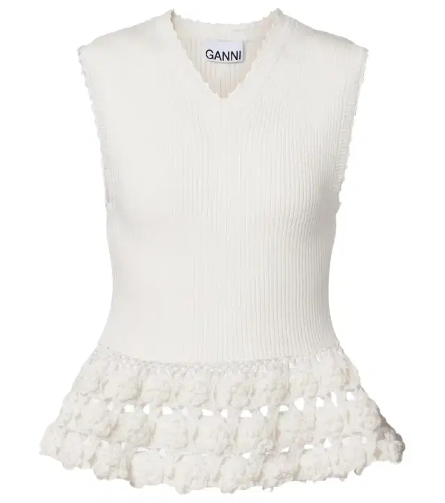 Ganni Crochet-trimmed ribbed cotton-blend top