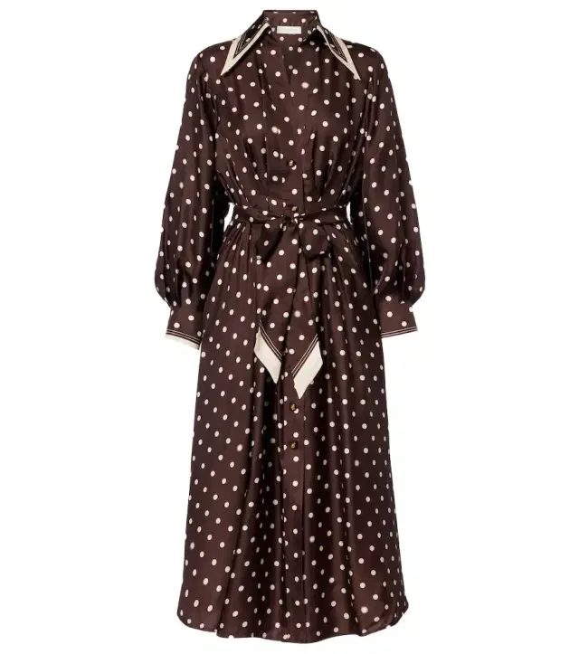 Polka-dot belted silk shirt dress