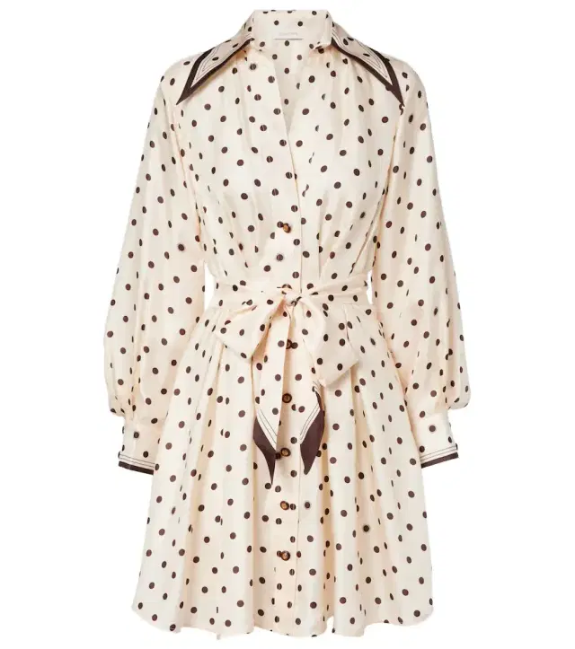 Belted polka-dot silk shirt dress