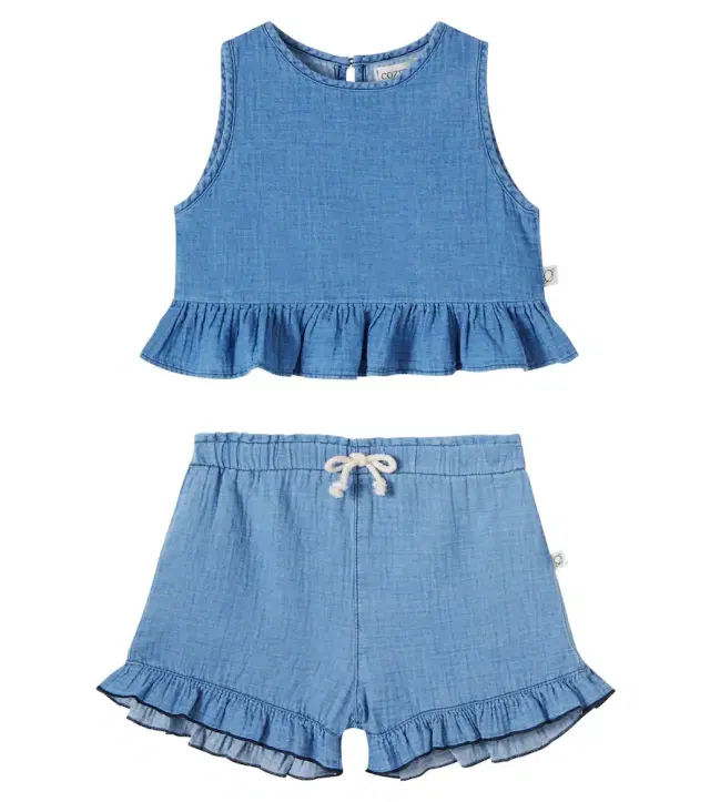 Cozmo Blair ruffled cotton chambray top and shorts set