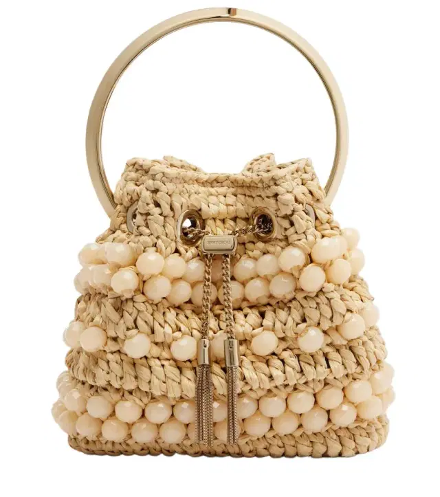Jimmy Choo Bon Bon Small beaded raffia bucket bag