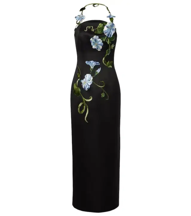 Floral-appliqué halterneck gown