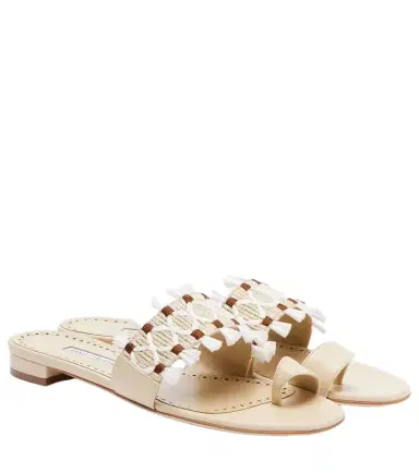 Manolo Blahnik Brava raffia-trimmed leather sandals | Thumbnail 1