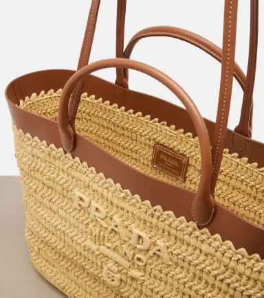 Prada Medium leather-trimmed raffia tote bag | Thumbnail 3