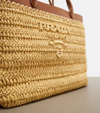 Prada Medium leather-trimmed raffia tote bag | Thumbnail 4
