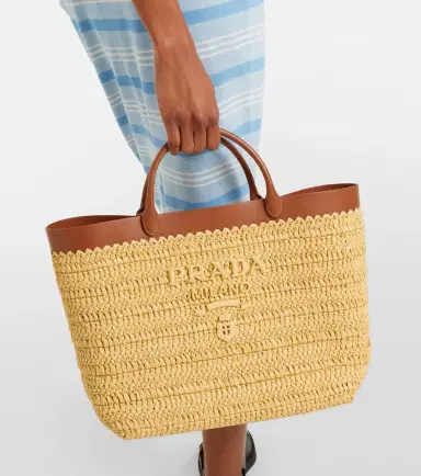 Prada Medium leather-trimmed raffia tote bag | Thumbnail 5