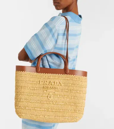 Prada Medium leather-trimmed raffia tote bag | Thumbnail 6