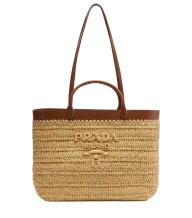 Prada Medium leather-trimmed raffia tote bag | Thumbnail 1