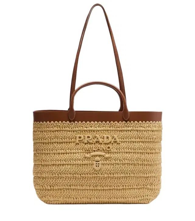 Medium leather-trimmed raffia tote bag