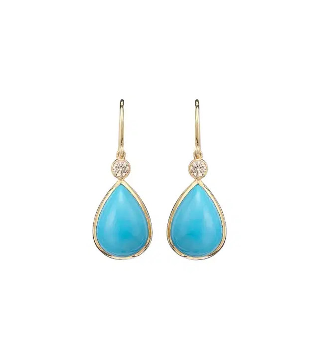 14kt gold drop earrings with turquoise and diamonds