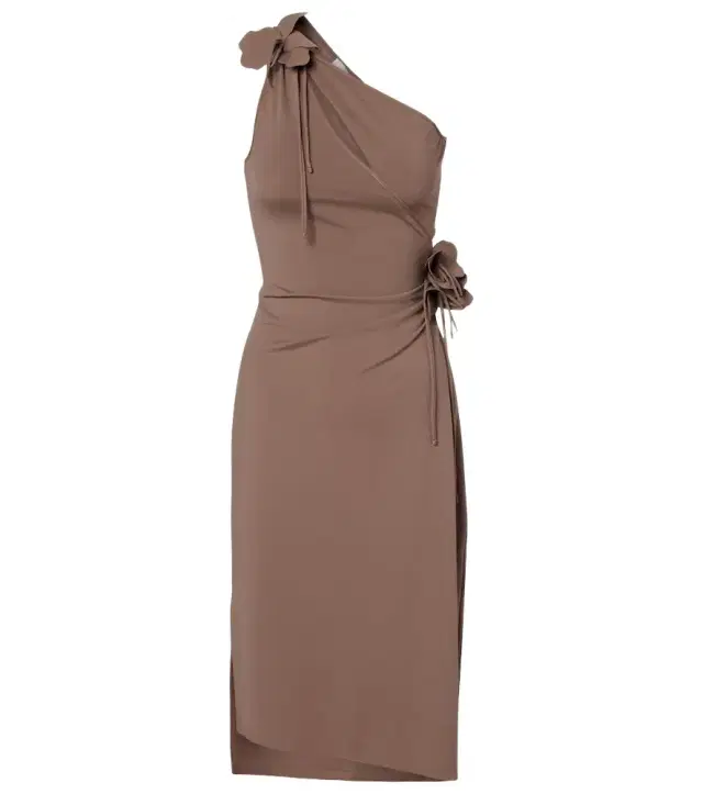 Floral-appliqué one-shoulder jersey cocktail dress