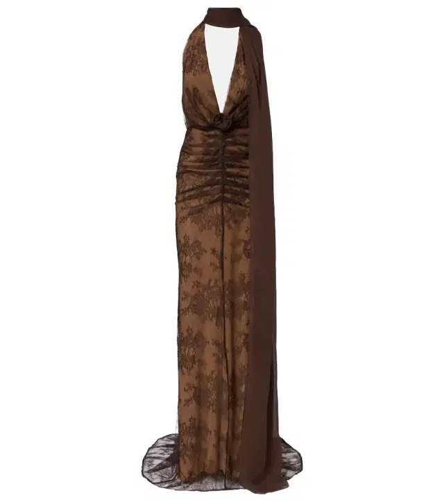 Amora scarf-detail ruched lace maxi dress