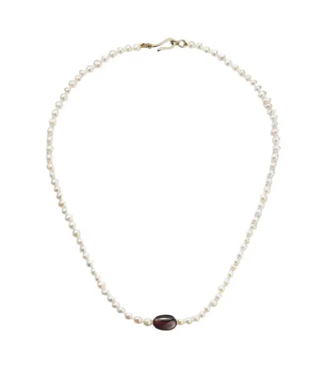 9kt gold beaded necklace with freshwater pearls and hessonite