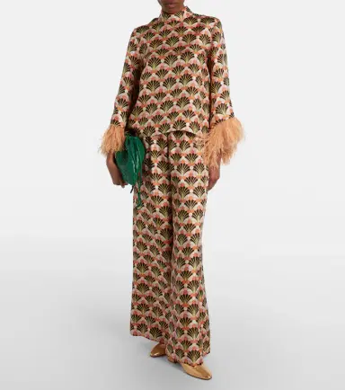 La DoubleJ Make An Exit feather-trimmed silk twill top | Thumbnail 2