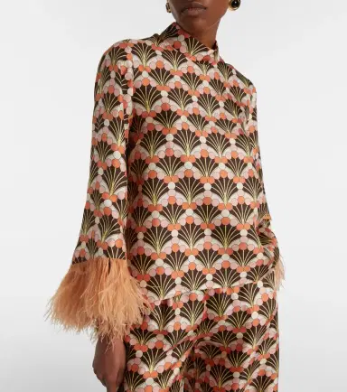 La DoubleJ Make An Exit feather-trimmed silk twill top | Thumbnail 3
