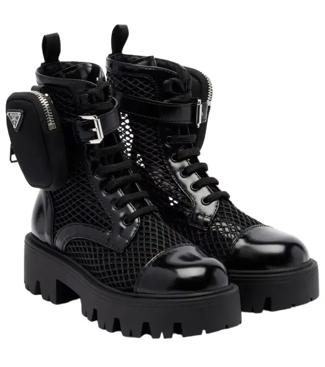 Prada Leather-trimmed mesh combat boots