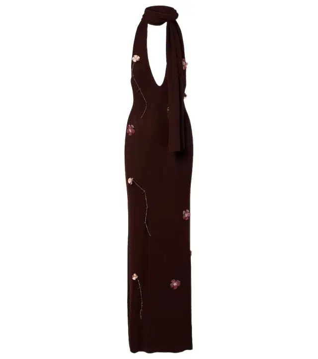 Stem floral-appliqué knitted maxi dress