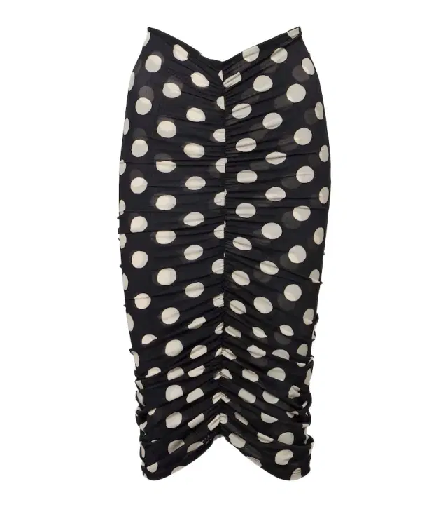 Montce Polka-dot ruched mesh midi skirt