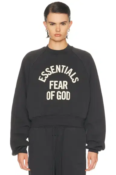 Fear of God Essentials Campus 90's Cropped Raglan Fleece Crewneck Sweatshirt | Thumbnail 1 Fear of God Essentials Campus 90's Cropped Raglan Fleece Crewneck Sweatshirt | Thumbnail 1