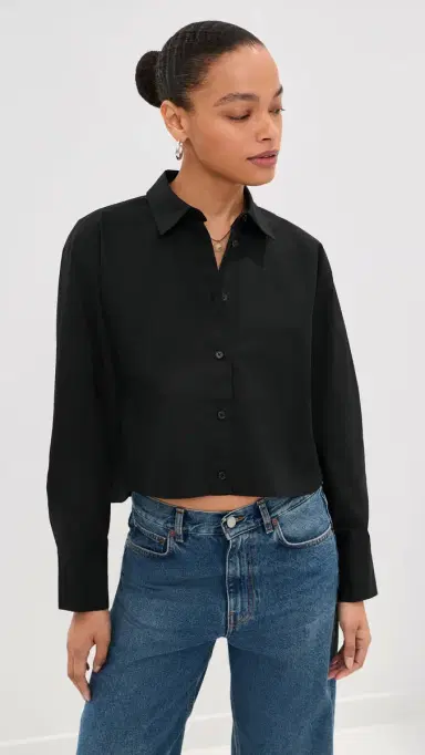 LE BOP Felicity Boxy Cropped Poplin Button Down Shirt Black L | Thumbnail 2 LE BOP Felicity Boxy Cropped Poplin Button Down Shirt Black L | Thumbnail 2